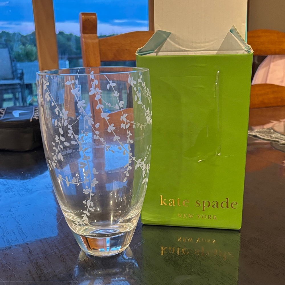 Kate Spade Clear Glass vase with White Vine Design